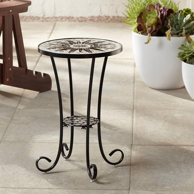 Teal Island Designs Sunburst Rustic Black Metal Round Outdoor Accent Side Tables 14" Wide Set of 2 Brown Mosaic Tile Tabletop Gracefully Curved Legs for Spaces Porch Patio Home House Balcony Deck