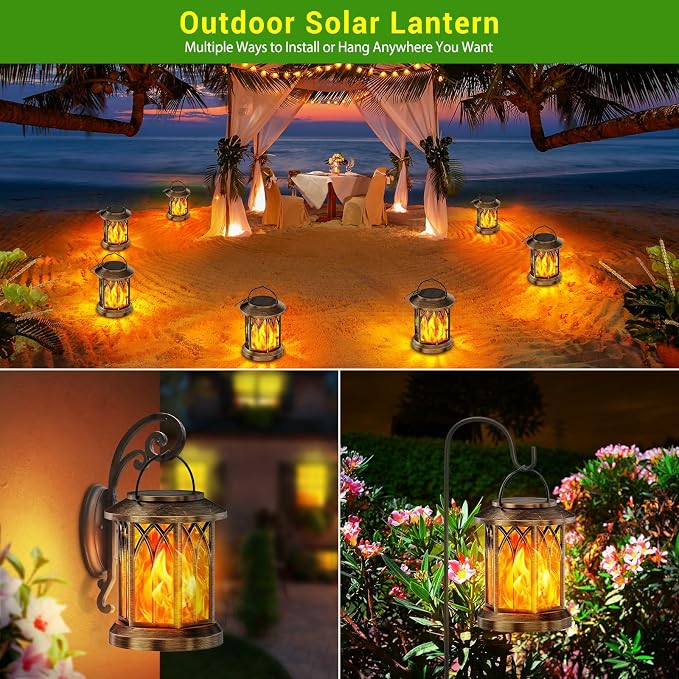 KOOPER 4 Pack Solar Lanterns Outdoor Waterproof, Upgraded Flickering Flame Solar Lantern Lights, Auto On/Off Lanterns Decorative Outdoor, Outdoor Hanging Lantern for Yard Garden Table Decor (Bronze )