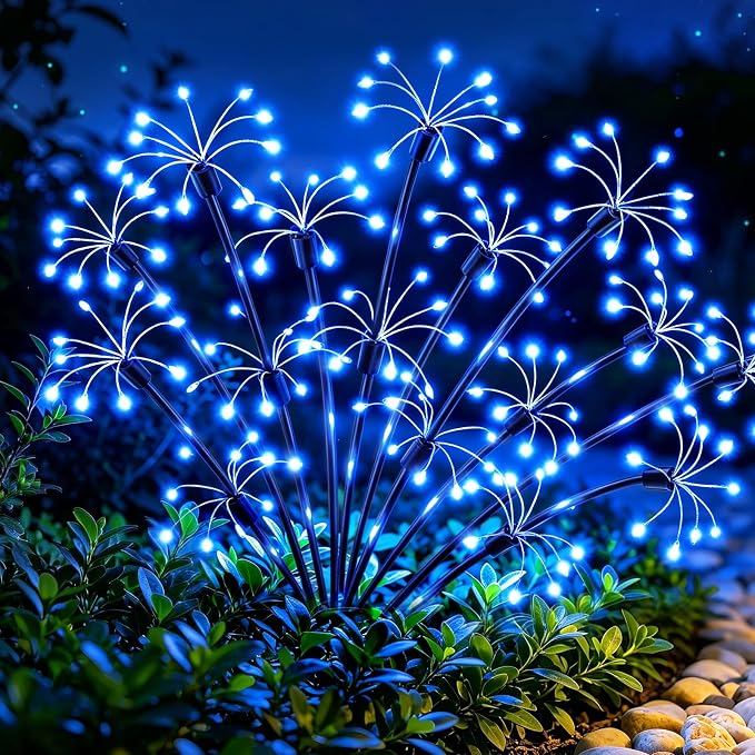 Solar Garden Lights Outdoor, 4 Pack 2-Layer Blue Fairy Firework Lights | Waterproof Starburst Flower Light, Garden Decor for Yard Patio Pathway Lawn, Unique Gifts for Women Mom Grandma Christmas