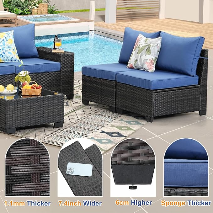 Outdoor Wicker Armless Sofa2 Pack, Patio Rattan Sectional Sofa Set with Thick Seat Cushions and 2 Back Cushions for Garden, Backyard, Poolside Poolside Navy