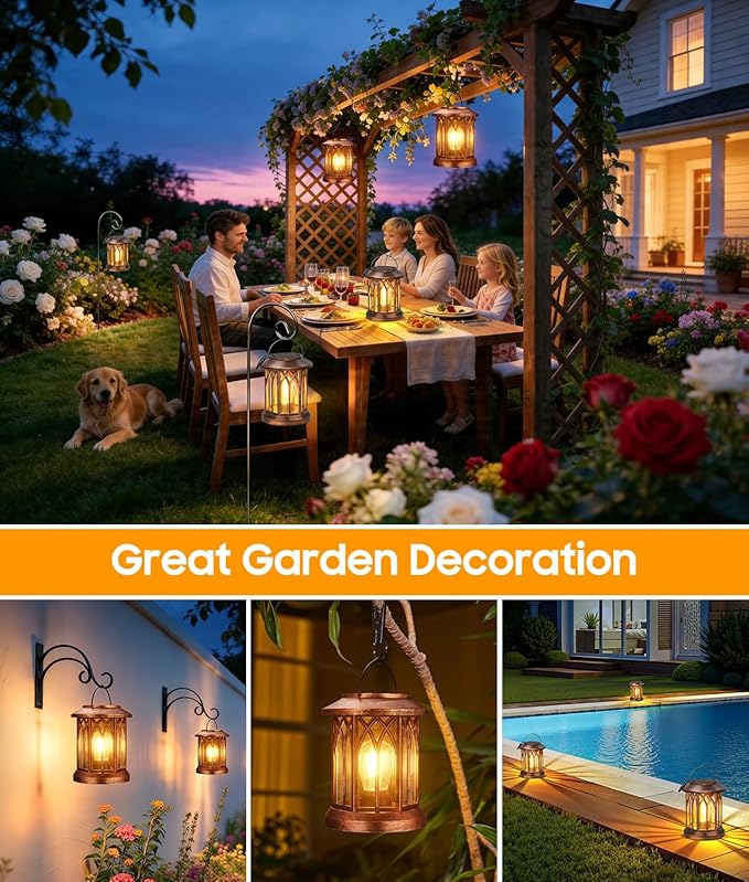 Solar Lanterns Outdoor Waterproof 6 Pack, Upgraded Solar Lantern Outdoor Lights with Metal Hooks Kit, Hanging Solar Lights for Outside Decorative Patio Yard Path Porch Garden Decor(Copper)
