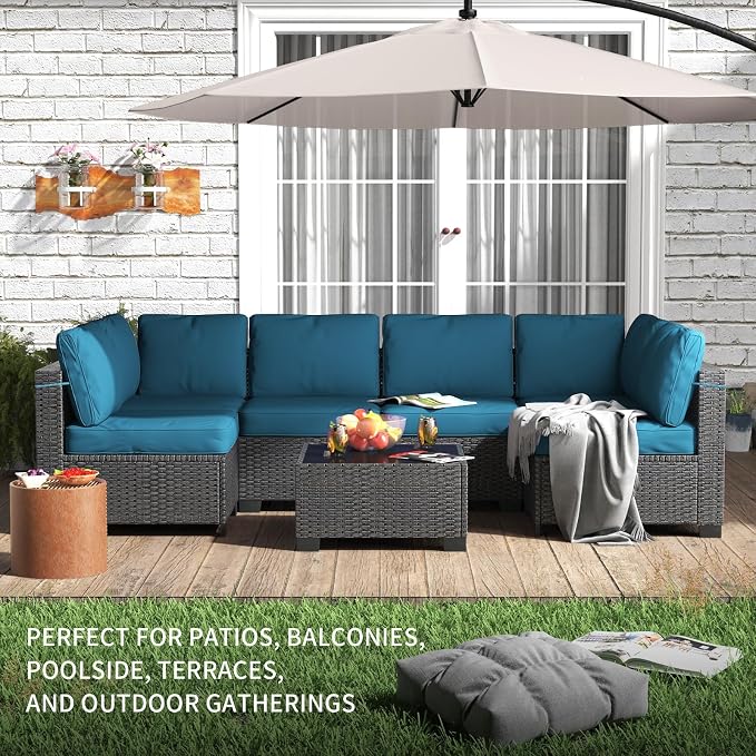 GAOMON 7-Piece Outdoor Patio Furniture Set, All-Weather Wicker Sectional Sofa with Thick Cushions and Glass Top Coffee Table, Modular Conversation Set for Garden, Balcony, Porch, Poolside
