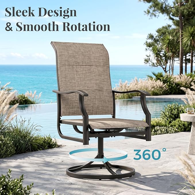 MIXPATIO 5 Pieces Patio Dining Set, Outdoor Table and Chairs, 1 x 42 Round Black Table and 4 x Textilene 360-Degree Swivel Dining Chairs with 15° Rocking Motion, for Cozy Garden, Grayish Brown