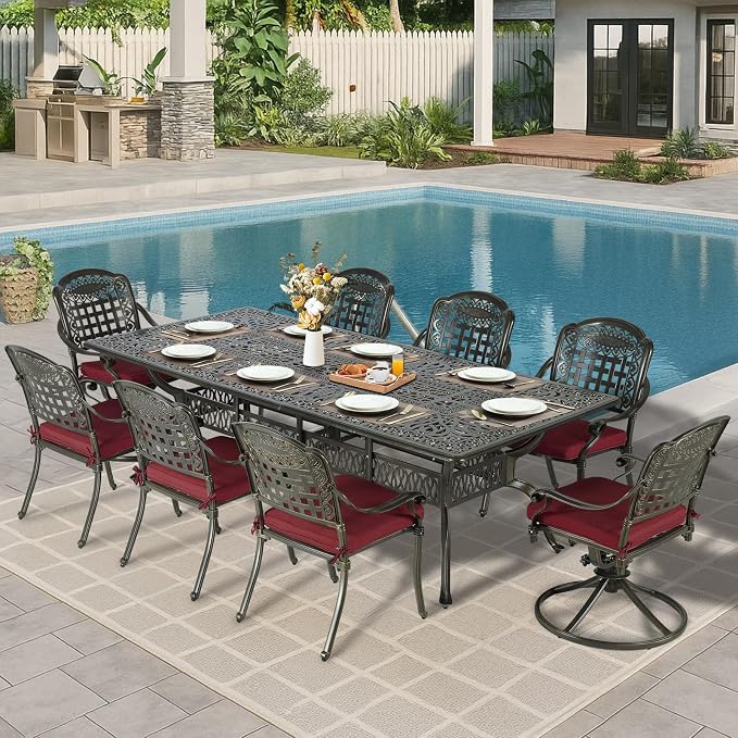 MEETWARM 9-Piece Outdoor Patio Dining Set, All Weather Cast Aluminum Patio Funiture Table and Chairs Set- 94.5” Rectangular Table and 8 Cushioned Swivel Rocker Chairs, Umbrella Hole, Chili Red