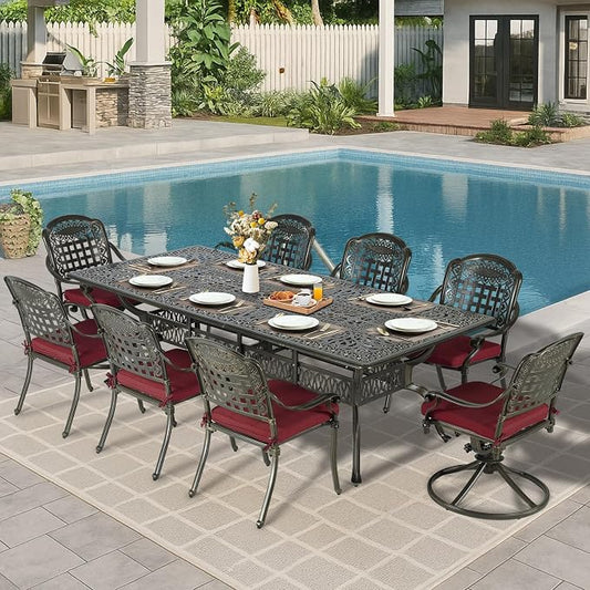 MEETWARM 9-Piece Outdoor Patio Dining Set, All Weather Cast Aluminum Patio Funiture Table and Chairs Set- 94.5” Rectangular Table and 8 Cushioned Swivel Rocker Chairs, Umbrella Hole, Chili Red
