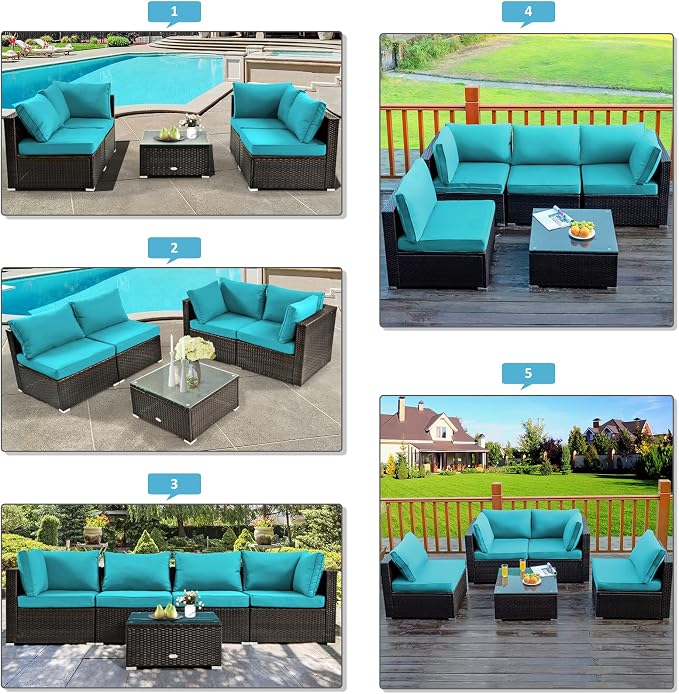 Tangkula 6 Piece Outdoor Rattan Sofa Set with 30in Propane Gas Fire Table, Ceramic Fire Tabletop, 50,000 BTU Heat Output, Cushions & Fire Pit Dust Cover, Patiojoy Weatherproof Wicker Set (Turquoise)