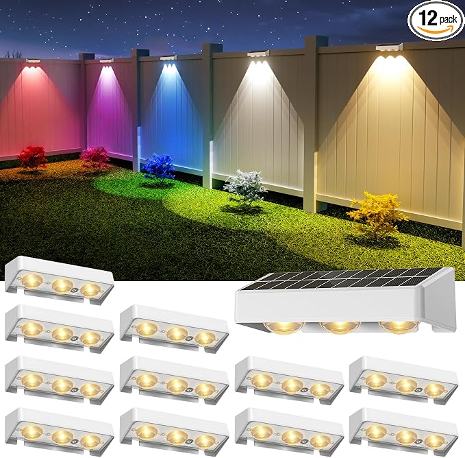 Solar Fence Lights, 12 Pack LED Outdoor Solar Deck Lights with Lenses, RGB Color, IP65 Waterproof, Solar Lights for Outside, Wall, Patio, Railing, Yard (White)