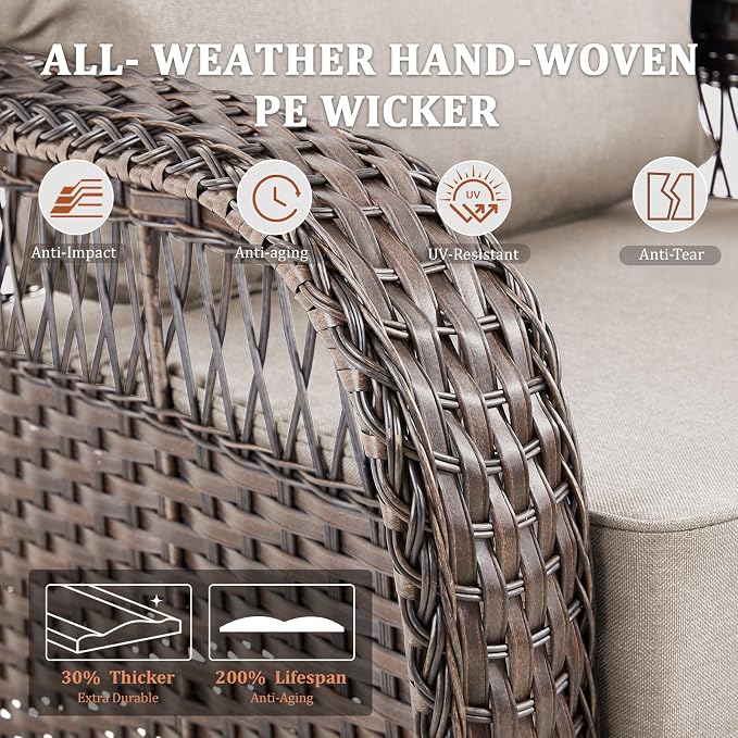 Patio Furniture Set, All Weather 3 PCS Wicker Outdoor Small Sectional Set, 5" Thick Rattan Conversation Set with 3-seat Sofa and Ottoman for Lawn, Garden, Beige/Brown Wicker