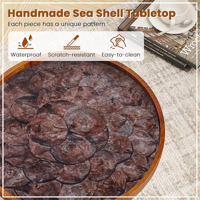 Giantex Outdoor Side Table, Round End Table with Epoxy Resin Finish, Sea Shell Decoration, Mahogany Wood Frame, Tray Top, Patio Side Table for Living Room, Pool, Yard, Porch (Brown, 20” x 20” x 21.5”)