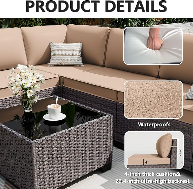ALAULM 10 Pieces Patio Furniture Set with 2 Swivel Chairs Patio Furniture Outdoor Sectional Sofas with 55000 Gas Fire Pit Patio Conversation Set w/7 Cushions-Sand