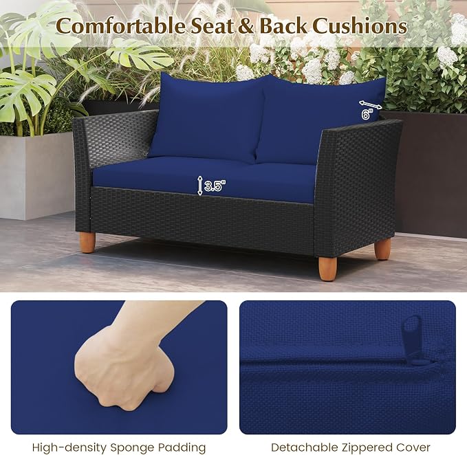 HAPPYGRILL 4 Pieces Wicker Patio Conversation Set, PE Rattan Chair & Ottoman Set with Removable Cushions, Storage Coffee Table, Outdoor Furniture Set for Garden Backyard Poolside (Navy)