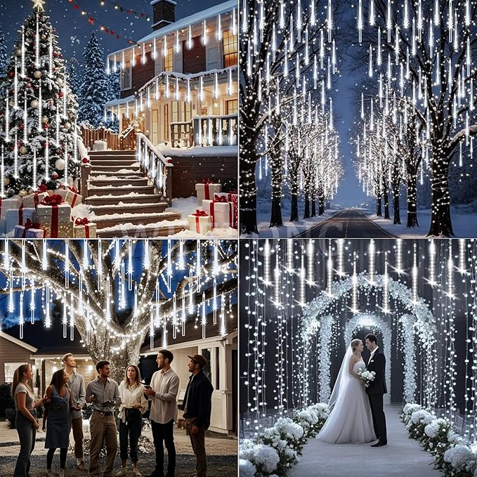 Weepong Christmas Lights Outdoor 32 Tubes 768 LEDs Meteor Shower Lights UL Certified Snow Falling Rain Drop Icicle String Light for Xmas Tree Christmas Decorations Outdoor Wedding Party Window,White