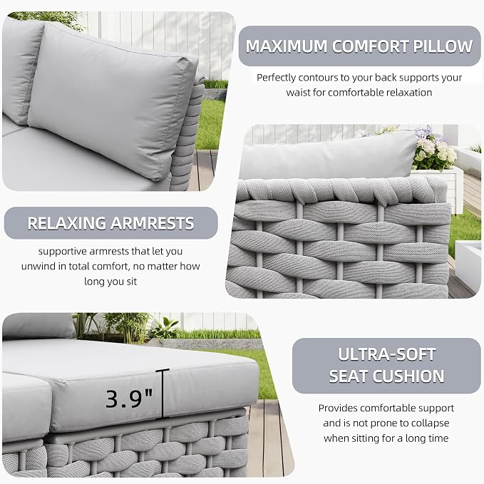 TWT 3 Piece Outdoor Patio Furniture Set, Rope Weave Conversation Sofa with Water Repellent Cushions, Patio Couch with Coffee Table for Backyard Garden Porch Poolside,Light Grey