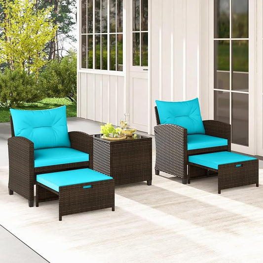 COSTWAY 5-Piece Rattan Conversation Set, Outdoor Wicker Sofa, Tempered Glass Coffee Table & Ottomans for Small Space, Boho Chic Indoor/Outdoor Furniture Set for Poolside, Backyard, Deck (Turquoise)