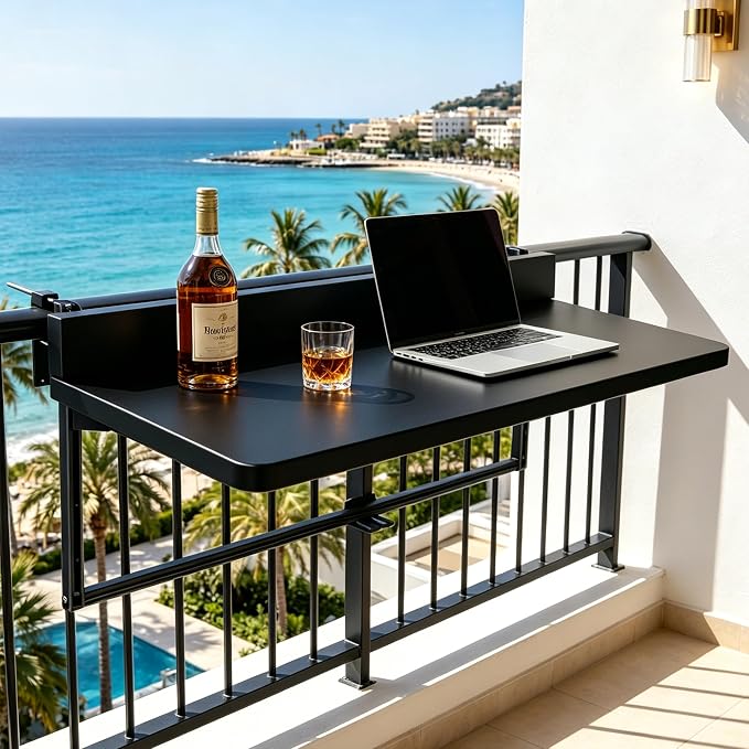 Balcony Bar Table Hanging for Railings, Outdoor Adjustable Height Folding Deck Rail Table for Patio, Garden, Renter-Friendly Space Saving, Aluminum Weatherproof Fits Round/Square Rails, Black