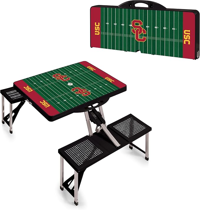 PICNIC TIME NCAA USC Trojans Folding Picnic Table with 4 Seats, Camping Table, Outdoor Table with Umbrella Hole, (Black - Football Field)