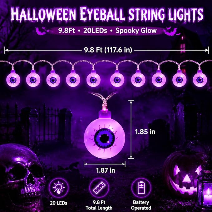 Crazy Night Halloween String Lights 10Ft 20 LEDs Battery Operated Purple Eyeball Lights Halloween Decorations Outdoor Indoor Party Decor