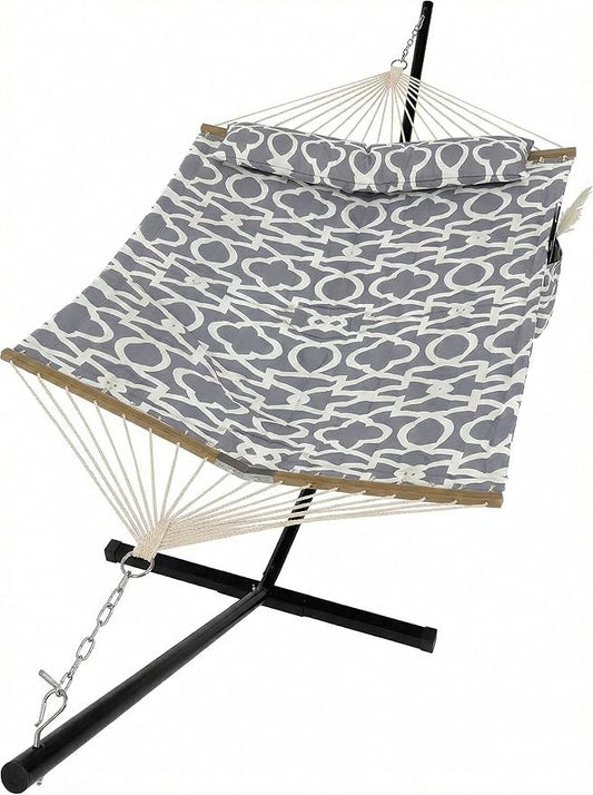 2-Person Hammock with Stand, 450lbs Weight Capacity, Padded Polyester Fabric & Heavy-Duty Steel Frame, Portable with Carry Bag for Patio Backyard Poolside Garden Camping