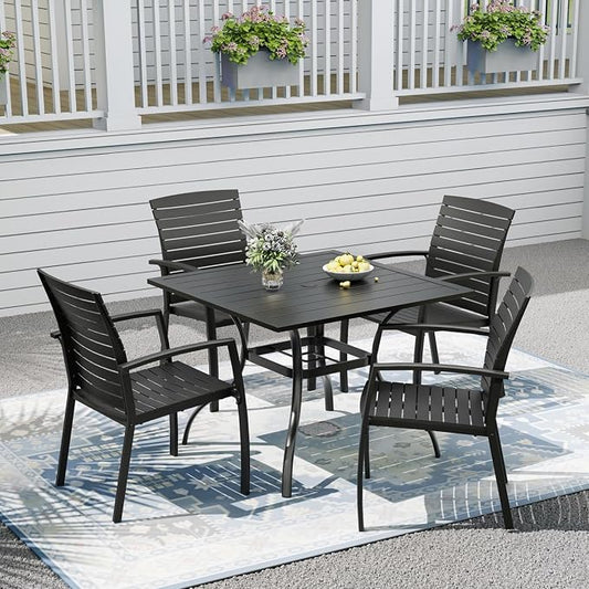 Patio Furniture Set, Outdoor Patio Table with 4PCS Dining Chairs | 35" Outdoor Square Table with E-Coating Metal Frame, 1.6" Umbrella Hole, Aluminum Chair, Resin Seat and Backrest