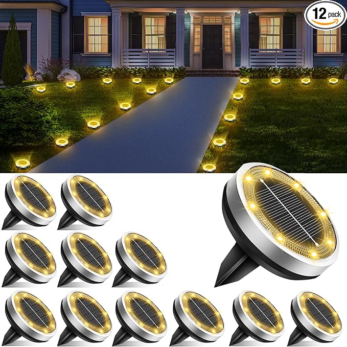 Solar Lights Outdoor Waterproof, 12 Pack 8 LED, Thickened Stainless Steel Ground Light, Solar Garden Lights Landscape Lighting for Patio Pathway Lawn Yard Deck Driveway Walkway, Warm White