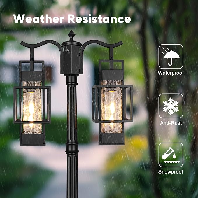 Dusk to Dawn Outdoor Lamp Post Light 2-Head, Hardwired Street Light Post for Outside Metal Pole Light Outdoor Lighting with Water Glass Shade for Garden Patio Backyard Walkway Driveway