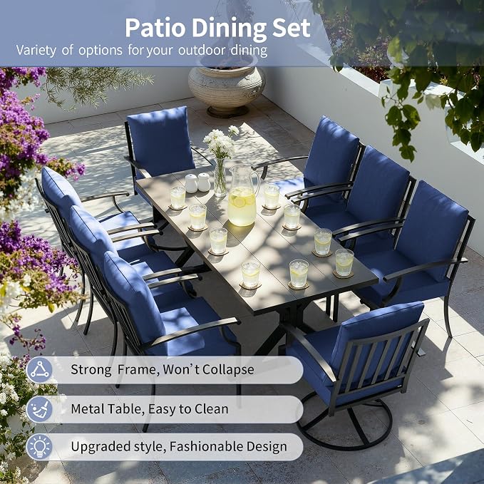 Kullavik 9 Pieces Outdoor Dining Set,Patio Dining Table and Chairs Set for 8,Fence Pattern Back Chairs with Thickened Cushions & X-Frame Metal Dining Table with Umbrella Hole for Patio,Navy Blue