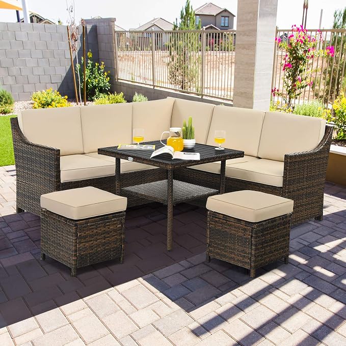 Tangkula Wicker Outdoor Dining Set, 6 Piece PE Rattan Wicker Sectional Corner Sofa Set with Dining Table, 2 Ottomans, Suitable for Garden, Patio, Poolside, Lawn and Balcony, Patio Furniture Set