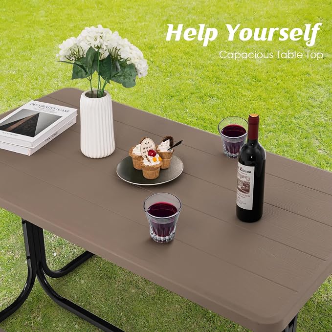 LDAILY Picnic Tables, Rectangular Picnic Table with Steel Frame, 2 Benches Set, HDPE Tabletop, Plastic Picnic Table for Outdoor, Camping, Patio, Lawn, Yard, Picnic Parties (Wood Color)