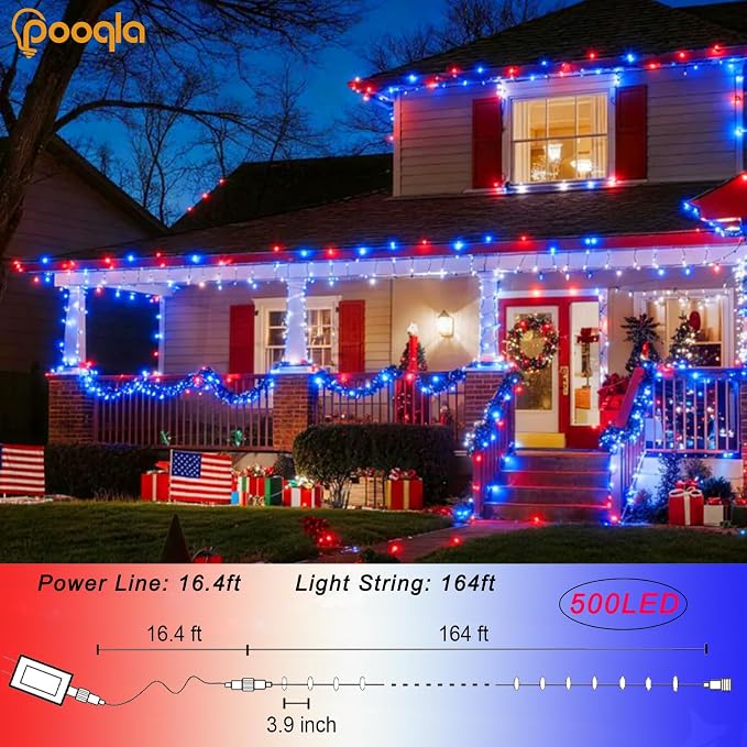 500 LED Red White and Blue 4th of July Lights Outdoor, 164 ft | Green Wire Waterproof Patriotic String Lights with Timer, 8 Modes Connectable Twinkle Fairy Lights Independence Day Decor