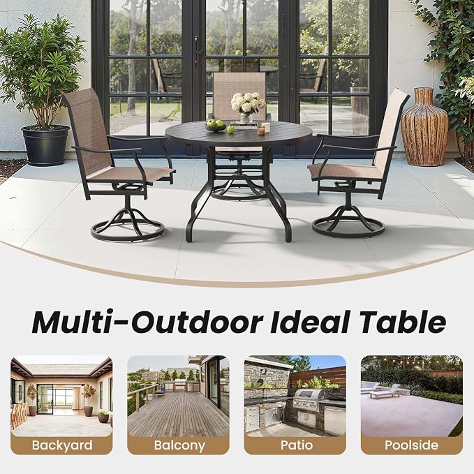 HRVEOCEI 47" Outdoor Round Table with Umbrella Hole, Metal Patio Dining Tables for Lawn Garden, Wood-Like Grain Bistro Table Outdoor for Backyard,Poolside,Deck,Por (Dark Black, Round)