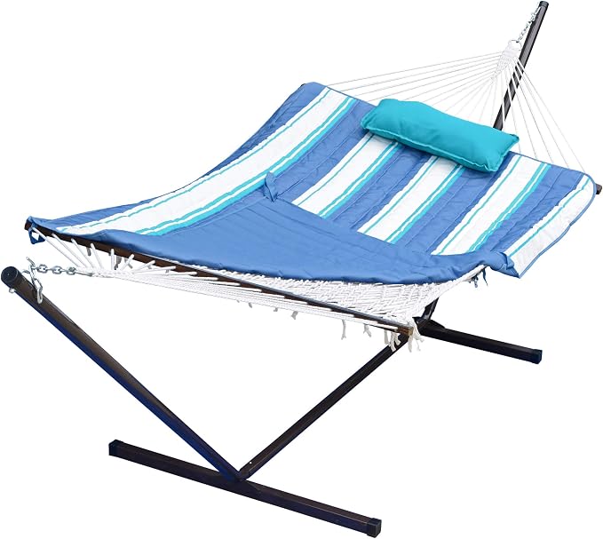 12 Foot Steel Hammock Frame with Cotton Rope Hammock, Quilted Hammock Pad, and Pillow