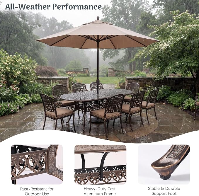 Redlife 9-Piece Cast Aluminum Outdoor Dining Set, 86" Oval Patio Table with Umbrella Hole, 8 Stackable Chairs with Cushion, Lattice Backrest, Waterproof Patio Furniture Set for Deck, Backyard