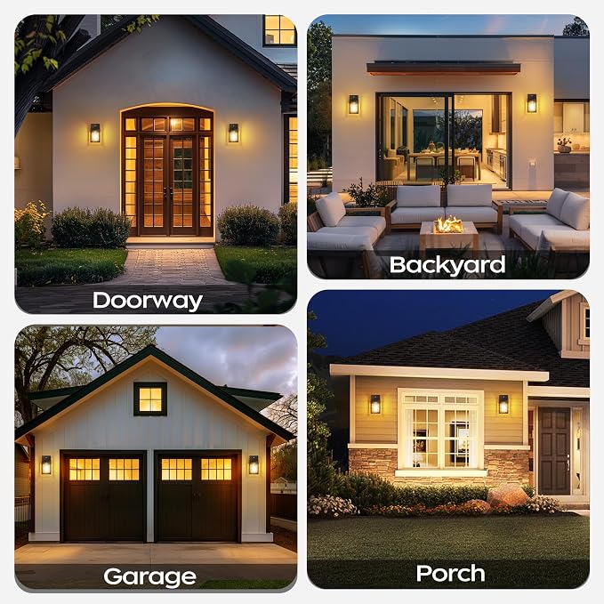Dusk to Dawn Exterior Lighting Fixtures Outdoor Porch Light Wall Sconce | 10.65 inch, Anti-Rust Metal Frame, Tempered Glass, E26 Base, Waterproof, Sensor Wall Lantern for Patio, Garage, Entryway