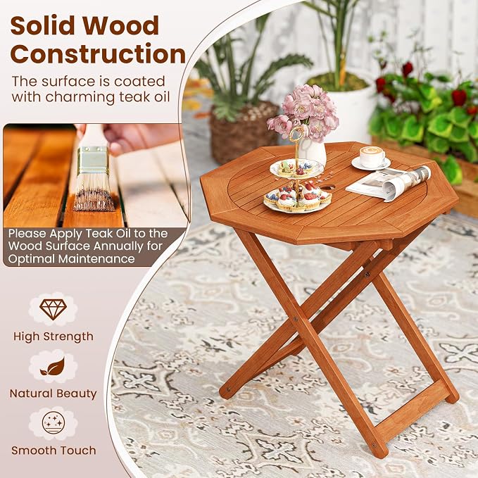 HAPPYGRILL Outdoor Patio Wood Dining Table for 4, Octagon Folding Bistro Table with 2" Umbrella Hole for Garden, Porch and Backyard, No Assembly Required (2)
