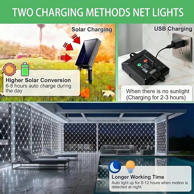 Pooqla Solar Net Lights, 10x10ft 280LED Gazebo Net Lights Outdoor with 8 Modes, Solar & USB Powered Waterproof String Lights Clear Wire, Chandelier for Pergolas, Patio, Bush, Backyard Decor Cool White