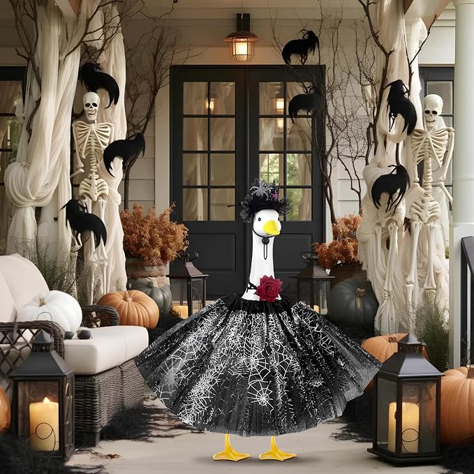 alloween Porch Goose Outfits and Goose Clothes Fits 17-23 In Statue | Black Tutu Skirt Goose Costume with Rose Necklace for Outdoor Patio Yard Lawn Party Decoration