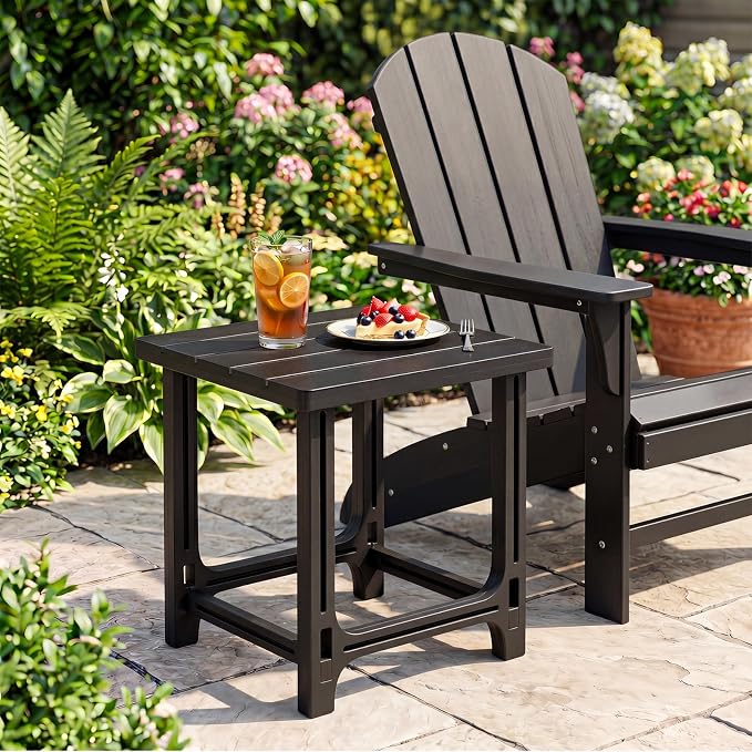Tangkula Outdoor Adirondack Side Table, 18" Heavy Duty HDPE Patio End Table with Slatted Surface, 0-Screw Assembly, Easy Maintenance, Small Outdoor Side Table for Porch, Pool, Garden, Deck (Black,1)
