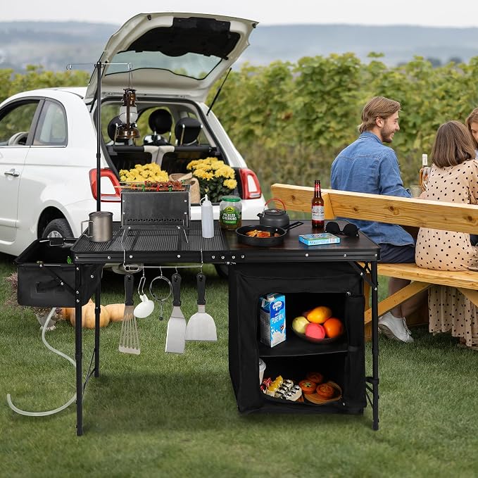 REDCAMP Portable Camping Kitchen Table with Sink, 4ft Folding Camping Grill Table with Storage Organizer and Telescoping Light Stand, Outdoor Cooking Station for BBQ, Party and Picnic