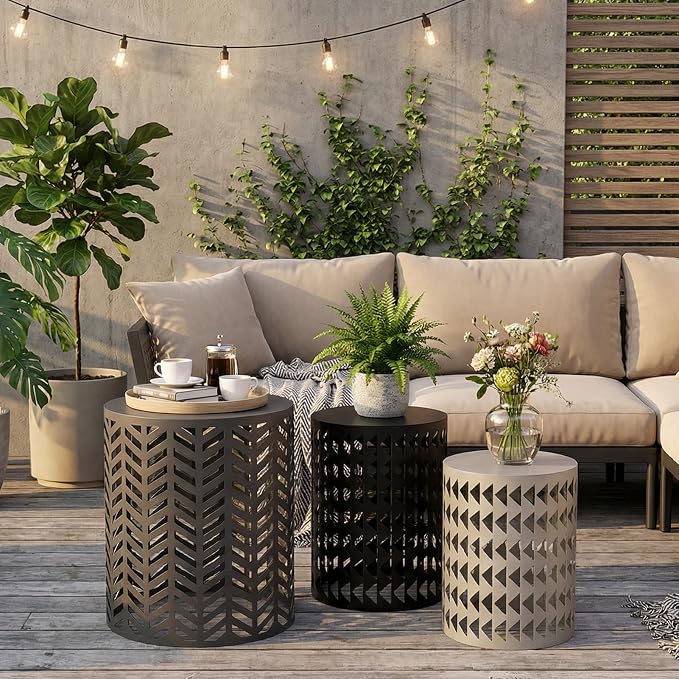 Round Coffee End Tables Set of 3 for Home Office Indoor Garden Outdoor | Multifunctional Nesting Outdoor Side Table, Modern Furniture Nightstands Decor Side Tables Plant Stand Metal Black and Gray