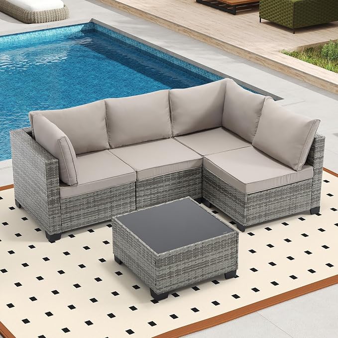 Bonzy Home 5 Pieces Outdoor Patio Furniture Set, PE Rattan Outdoor Sectional Furniture Sofa Set with Removable Cover and Glass Coffee Table, Patio Sofa for Balcony, Porch, Garden, (Grey-Grey