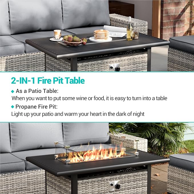 15-Piece Outdoor Patio Furniture Set with 55,000 BTU Fire Pit Table, PE Wicker Rattan Sectional Sofa Conversation Set - All-Weather Garden, Backyard Furniture, Grey