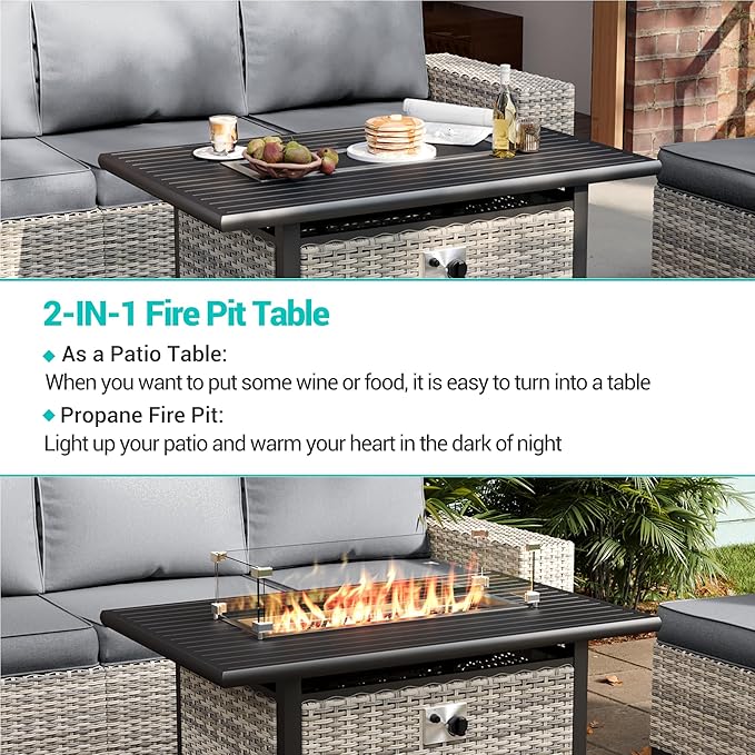 7-Piece Outdoor Patio Furniture Set with 55,000 BTU Fire Pit Table, PE Wicker Rattan Sectional Sofa Patio Conversation Set with Thickened Cushions & Coffee Table, Grey