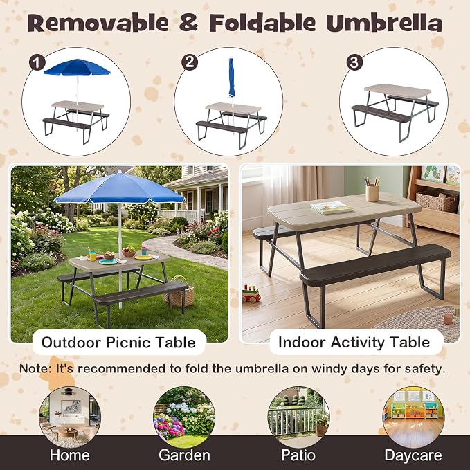 KOTEK Kids Picnic Table with Umbrella, Toddler Outdoor Table and Bench Set, Easy to Clean, HDPE Top & Metal Frame, 660LBS Capacity, Kids Patio Furniture for Backyard Park Garden (Coffee)