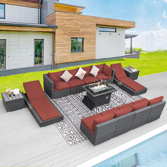 BULEXYARD 13 Piece Large High Back Grey Rattan Patio Furniture Set with Fire Pit Table and Lounge Chaise, Luxury Comfy Deep Wide Seat Outdoor Sectional Conversation Sofa, Gray Wicker and Red Cushion