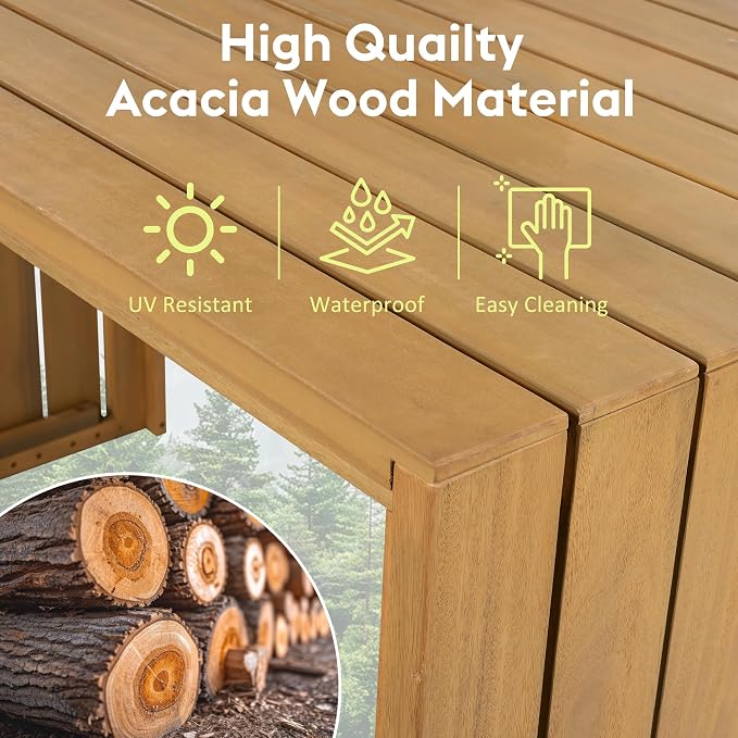 5 Piece Outdoor Bar Set, Patio Acacia Wood Bar Height Table & Four Stools with Cushions, Wood Dining Bar Set for Backyard, Poolside, Balcony