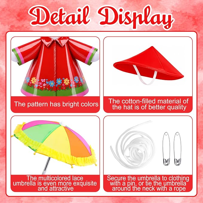 DECOHS 3 Pcs/Set Raincoat Porch Goose Outfits, Summer Lawn Goose Statue Costume with Rainbow Umbrella and Hat, Yard Geese Clothes for 23" Statue Patio Garden Decoration (Red Flower)