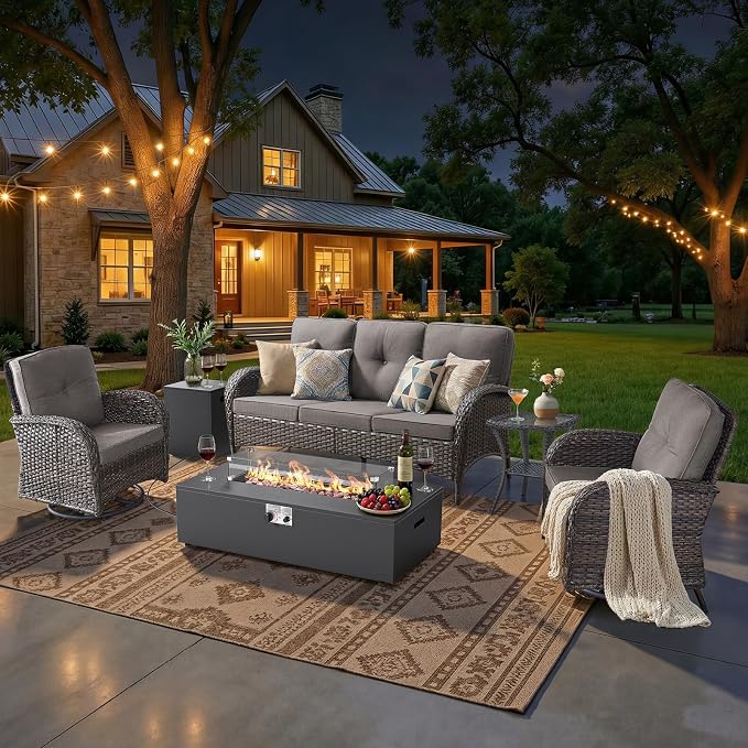 HUMMUH Luxury Patio Furniture Set with High Back Swivel Rocker Chairs & 3 Seater-Couch & Steel Fire Pit Table 5 Pieces Outdoor Conversation Set for Porch,Deck,Backyard