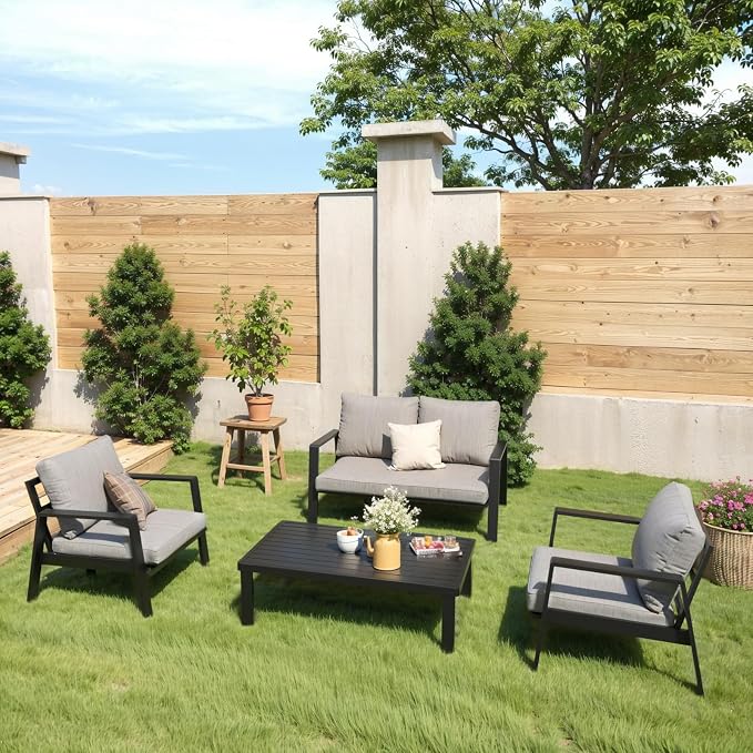 Aluminum Outdoor Patio Furniture Set, 4 Piece Sectional Coversation Sets with Coffee Table, Modern Outdoor Sofa Couch with Thick Cushions for Porch, Balcony, Garden, Dark Gray