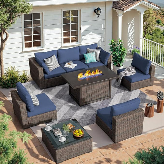 8 Piece Patio Furniture Set with Fire Pit Table All Weather PE Rattan Outdoor Sectional Sofa Couch with No-Slip Cushions and Glass Top Table for Garden, Poolside, Backyard (Blue)