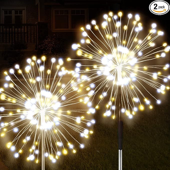 Solar Firework Lights, 2 Pack 120 LEDs 2 Lighting Modes Solar Garden Lights Outdoor Waterproof for Yard Patio Walkway Pathway Party Wedding Christmas Decorative - Mixed Color